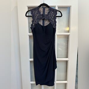Vintage Cache Navy Formal Cocktail Asymmetrical Ruched Lace Midi Dress Size 2
